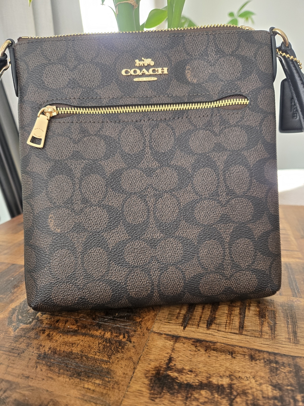 Coach Dark Brown Signature Crossbody with Gold Hardware